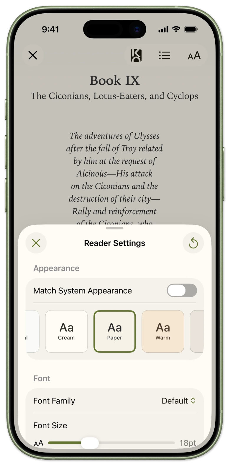 Leaf reader settings on iPhone