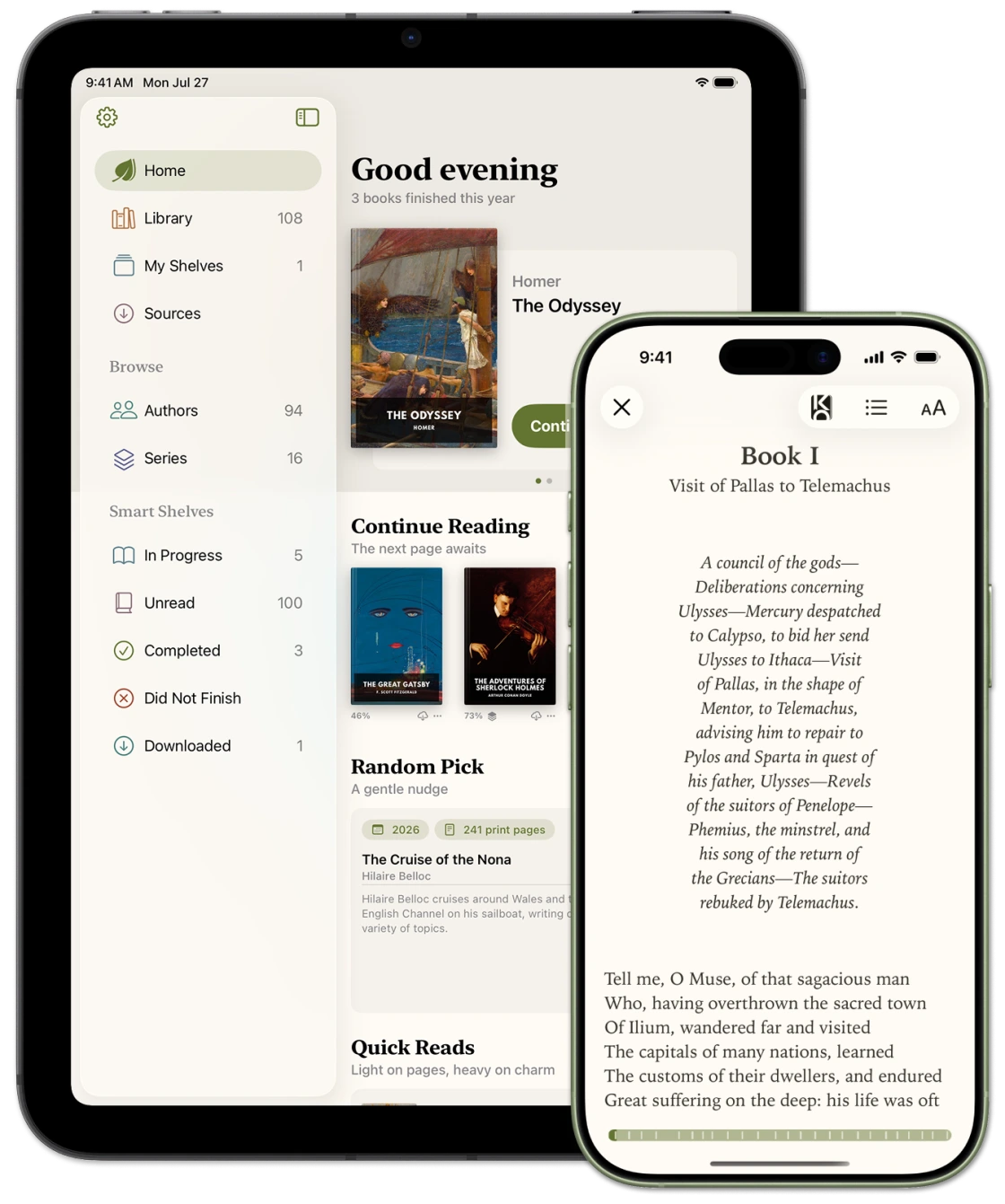 Leaf library and reading views displayed on an iPad and iPhone